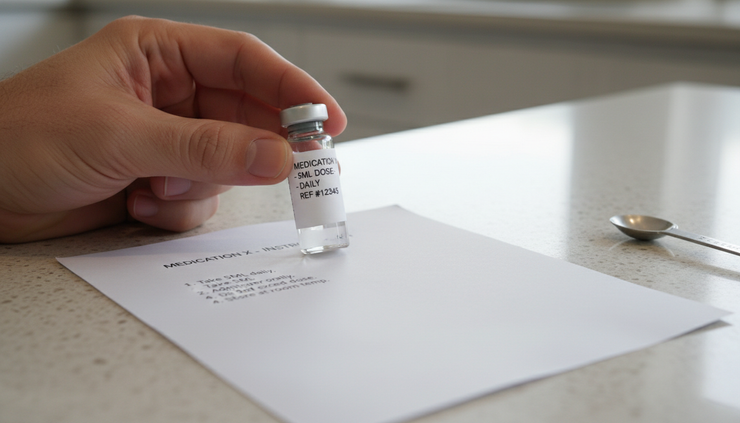 Close-up view of a hand checking a vial label beside a printed medicine instruction sheet