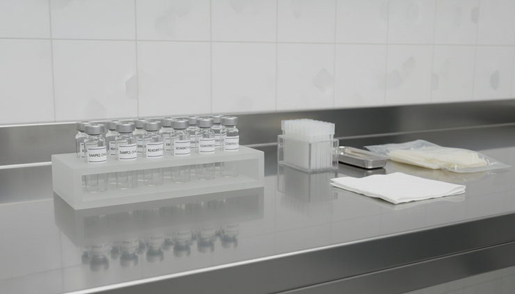 Eye-level view of labelled research vials stored in a small cooling rack