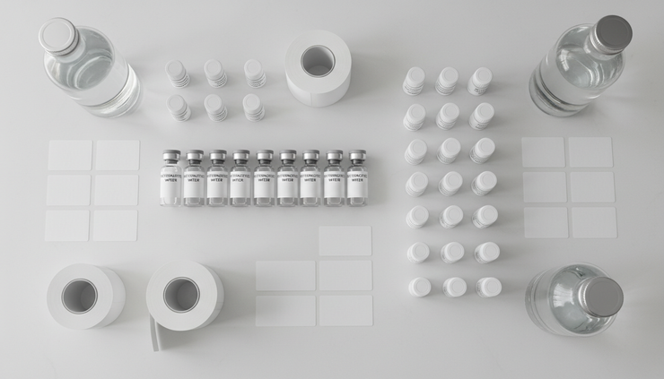 Top-down view of small sterile lab supplies arranged beside sealed vials