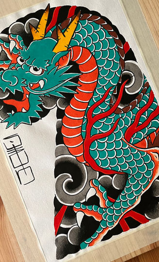 Traditionelle japanische drachen gemalt mit washi papier und tinte in berlin bei sergi esparo tattoo aka yobori berlin