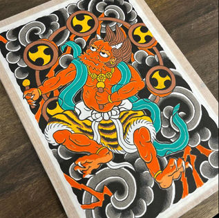 Japanische donnergot raijin gemalt mit dune washi papier aus japan und tinte in berlin bei sergi esparo tattoo aka yobori berlin