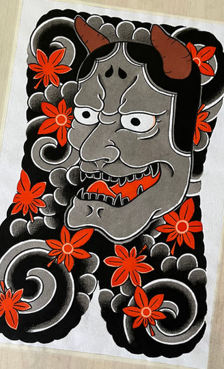 japanische hannya gemalt mit washi papier und tinte in berlin bei sergi esparo tattoo aka yobori berlin