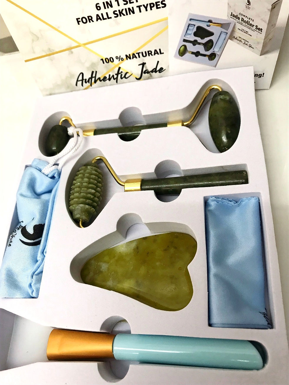 Thumbnail: 4 Piece Gua Sha Stone Jade Rollers Combo Set