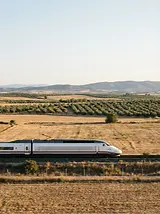 High-speed AVE train moving at full speed in Spain