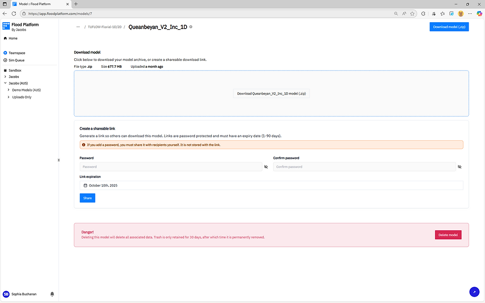 Webpage for downloading a model, featuring file details, password fields for shareable link creation, and a red delete warning.