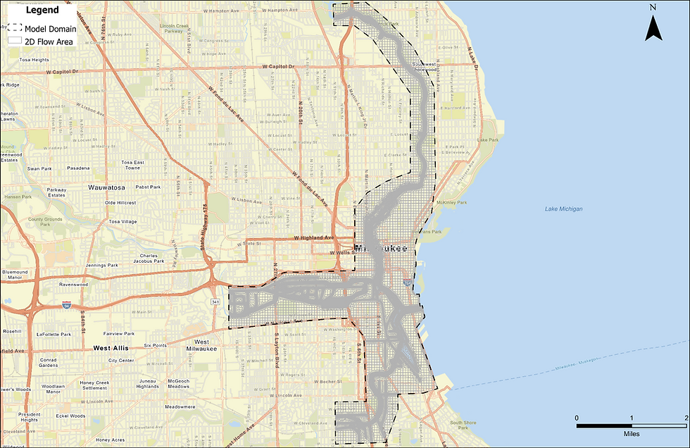 Map of Milwaukee showing the 2D flow area in grey. Streets and parks labeled. Lake Michigan on the right. North arrow and legend included.