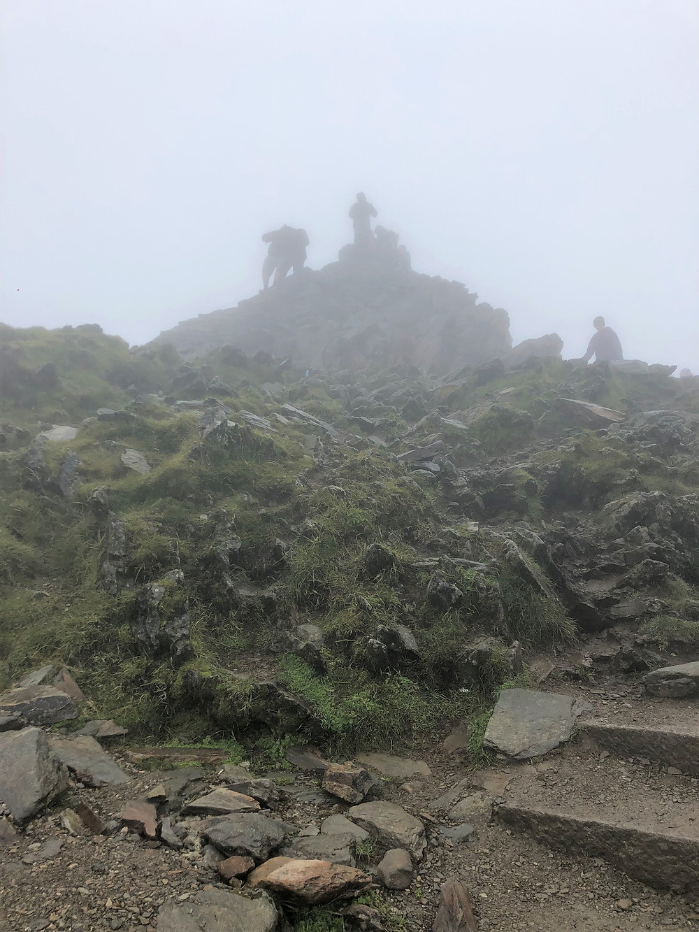 Snowdon summit covered n clouds. Few people on Snowdon summit