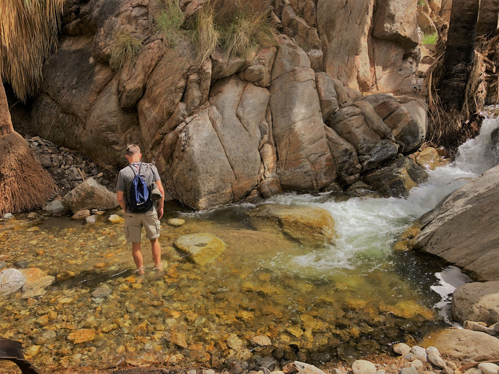 Going barefoot and enjoying cool water of the stream along the Murray Canyon trail in Agua Caliente Reservation