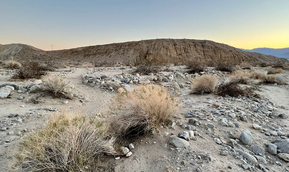 Hidden Palms begins in a broad sandy wash at the base of the eroded Indio Hills