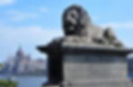 Lions standing guard at the entrance to the Széchenyi Chain Bridge in Budapest