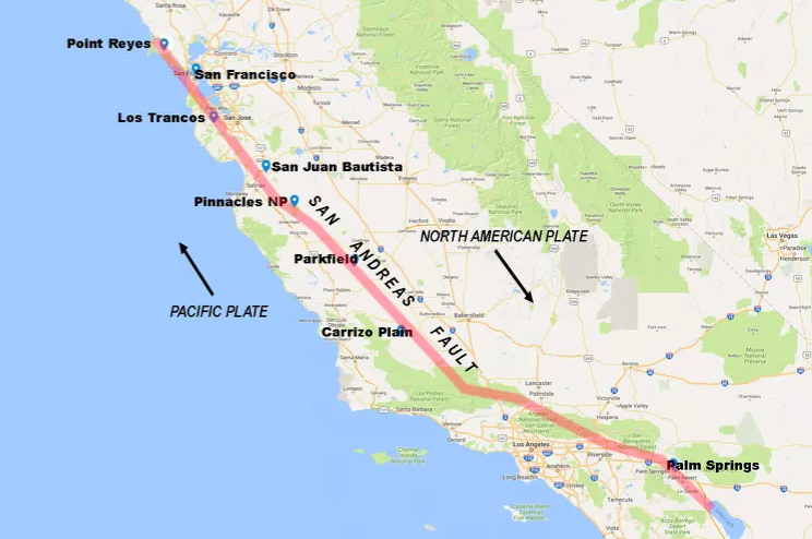 Map of the San Andreas Fault running through California