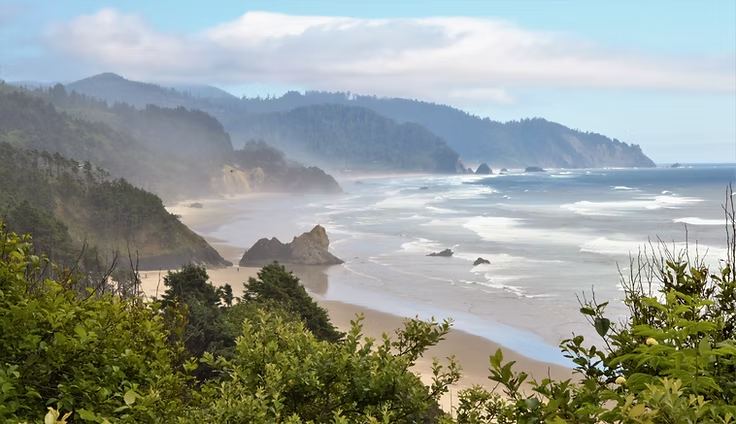 View of Arcadia Beach form overlook with four distinct headlands along the coash