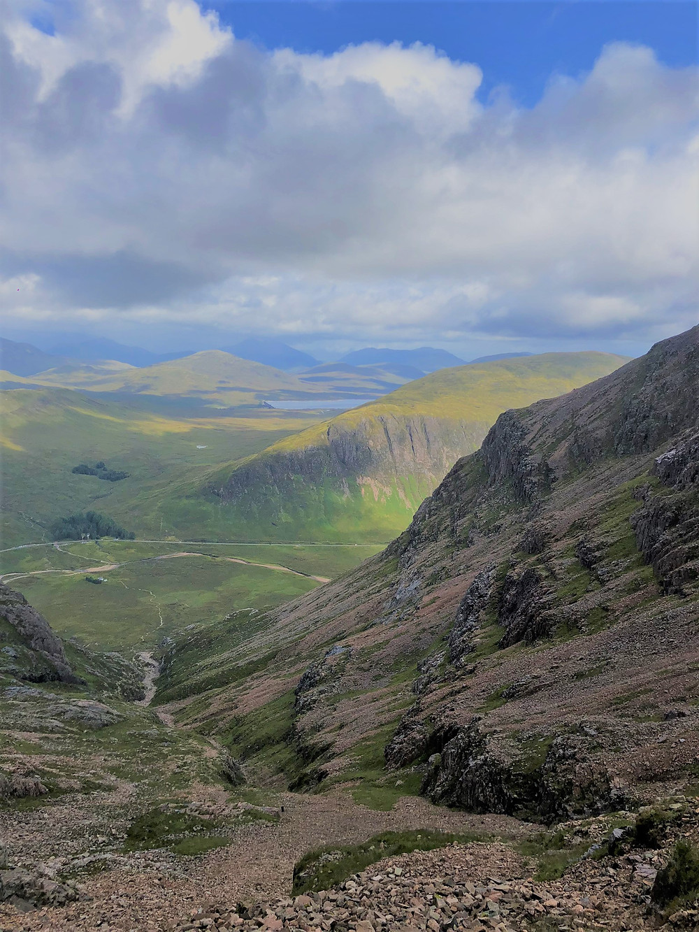 Looking down Coire na Tulaich to our starting point on the hike to the summit of Buachaille Etive Mòr in the Scottish Highlands