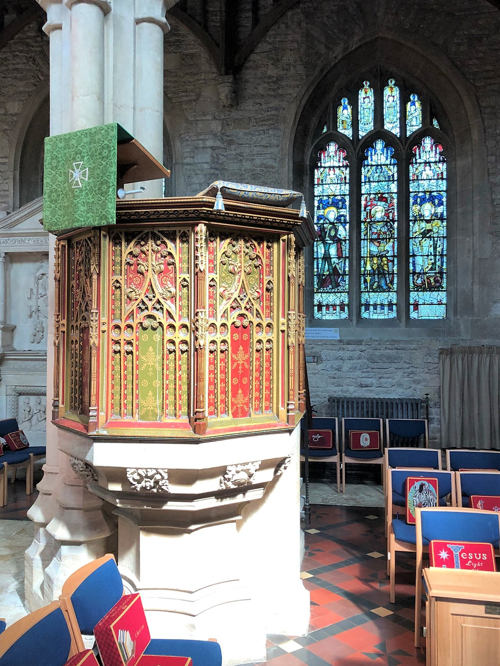 Colorful pulpit in Burford Church in Burford of the Cotswolds