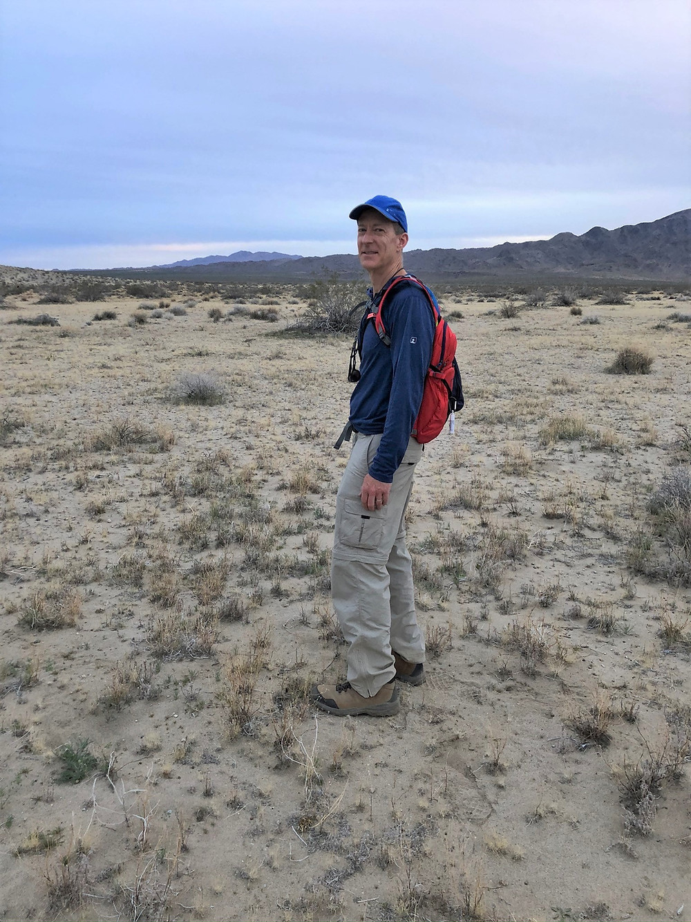 Hiking Across Turkey Flats after summitting Pinto Mountains in Joshua Tree National Park