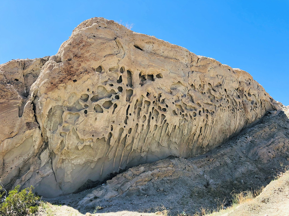 Wind and water erosion in sedimentary rock along the Indio Hills Badland Loop Trail