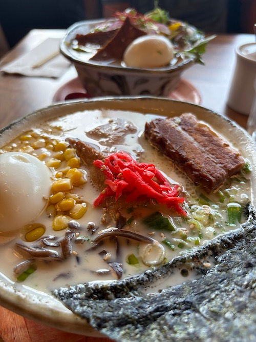 Signature tonkotsu ramen at Marufuku Ramen in San Francisco Japantown, featuring creamy pork broth, chashu pork, soft-boiled egg, and wood ear mushrooms.