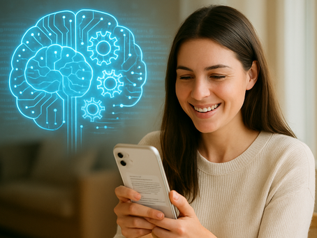 Smiling woman reading an email inquiry reply from her smartphone with holographic blue brain and gears image symbolizing her customer services email was well crafted by AI. Casual setting, beige sweater, focused and happy mood.