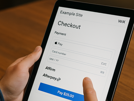 Tablet displaying a Wix built web site checkout page integrated with Stripe API with payment options including Apple Pay. A hand prepares to tap the blue "Pay $25.00" button.