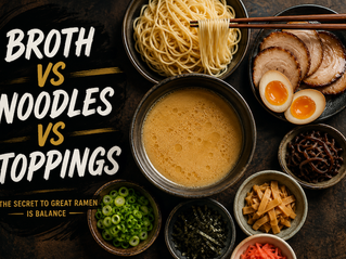 Overhead view of ramen broth, fresh noodles, and toppings arranged separately with text overlay reading “Broth vs Noodles vs Toppings” to illustrate balance in Japanese ramen.