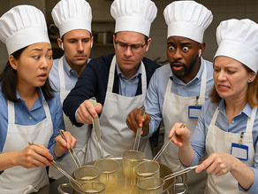 Five diverse colleagues in chef hats and aprons with surprised expressions, participating in a cooking class team building event, gathered around a large pot with noodle strainers.