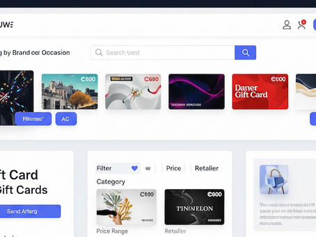 Website interface showing e-gift cards with varying designs and prices. Search bar and filter options visible. Clean, modern layout.