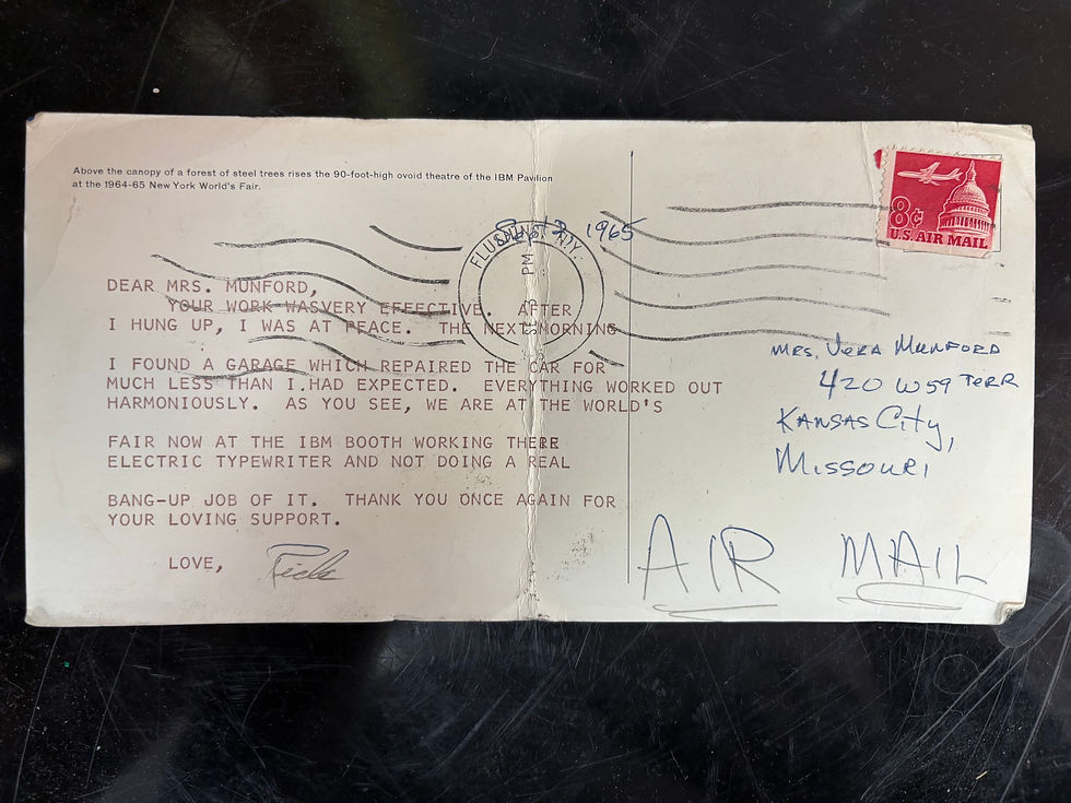 The back of the 1965 postcard: Rick's handwritten message to Mrs. Mumford in Kansas City — sent via Air Mail from the New York World's Fair for 8 cents.