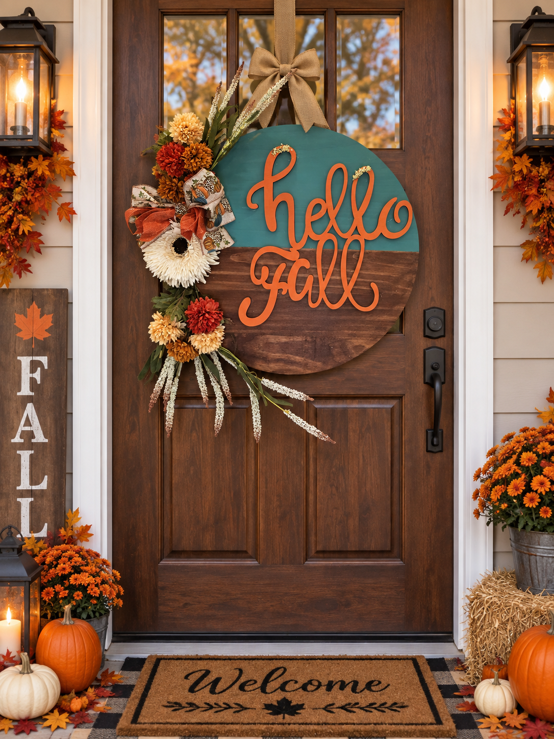 Hello Fall Wood Door Round
