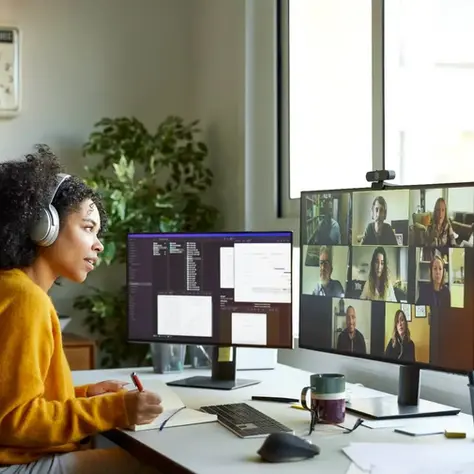 Medewerker neemt deel aan een online teamvergadering via een beeldscherm met videoconferencing.