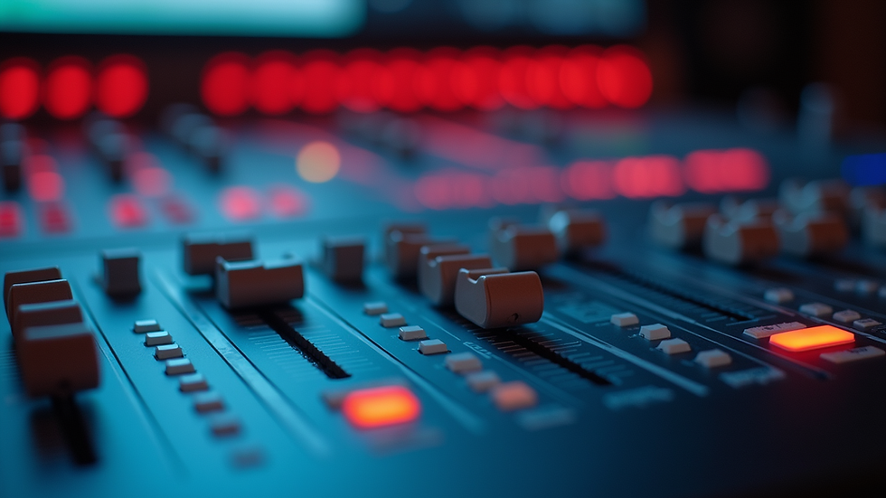 Eye-level view of audio mixing console with sliders and knobs