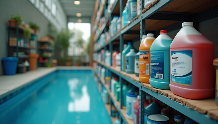 Eye-level view of pool chemicals stored neatly on shelves in a garage