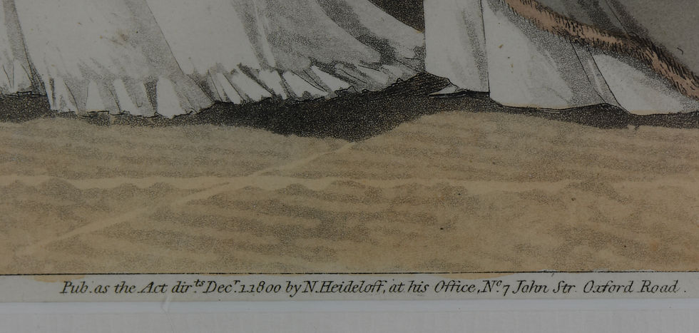Thumbnail: Two women in morning dress carrying muffs, Vol VII Gallery of Fashion Dec 1800