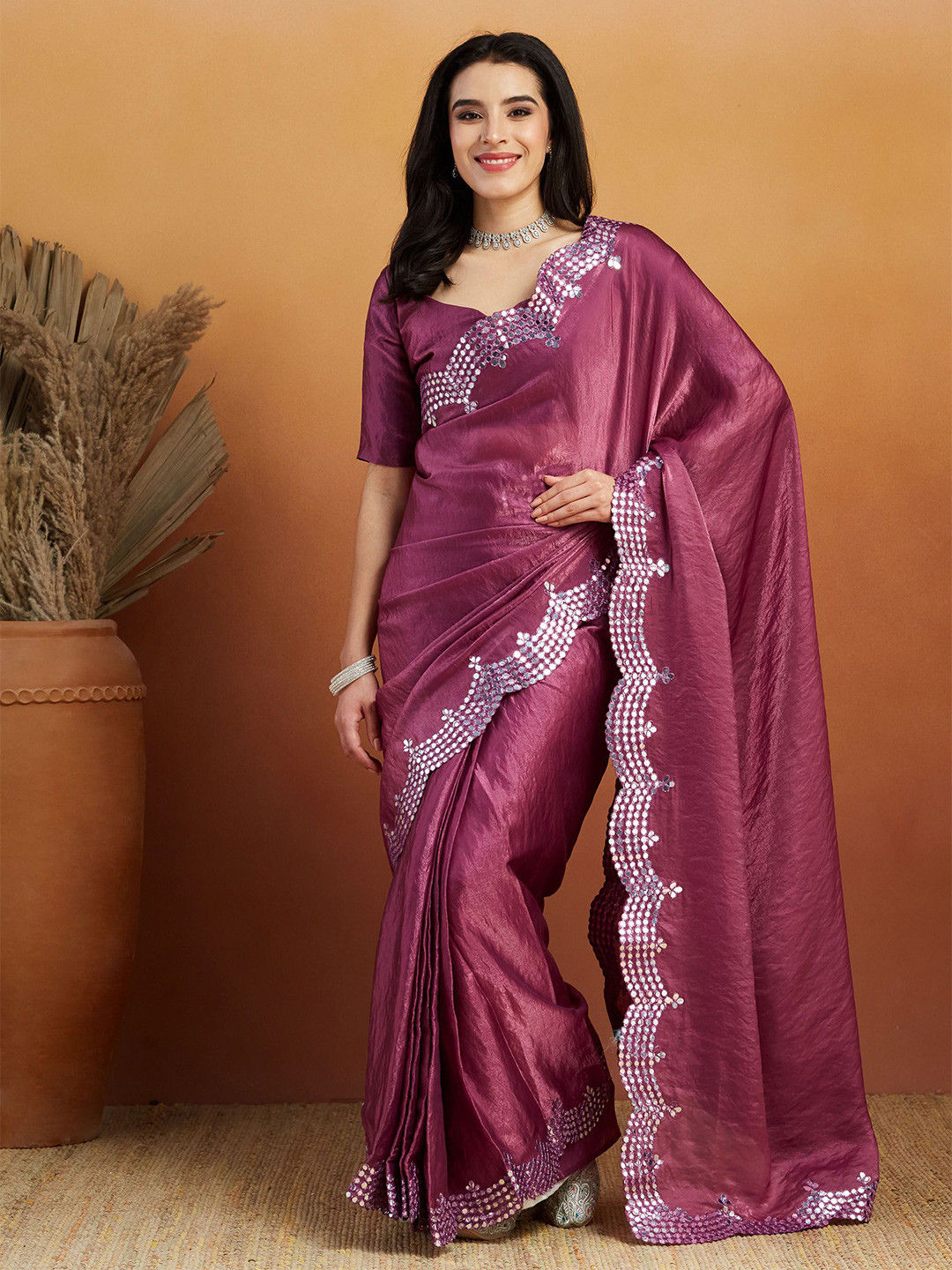 Puskara Mirror Work Tissue Silk Ready to Wear Saree PKR 3290 PL1 Purple