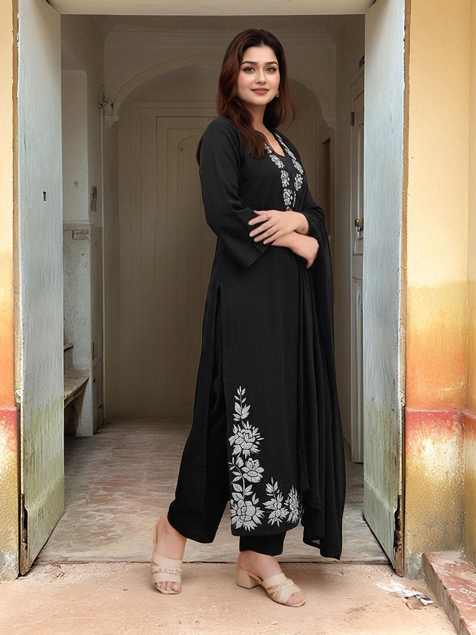 Thumbnail: Labisha woman work rayon blend kurta trouser LAB 1890 BK