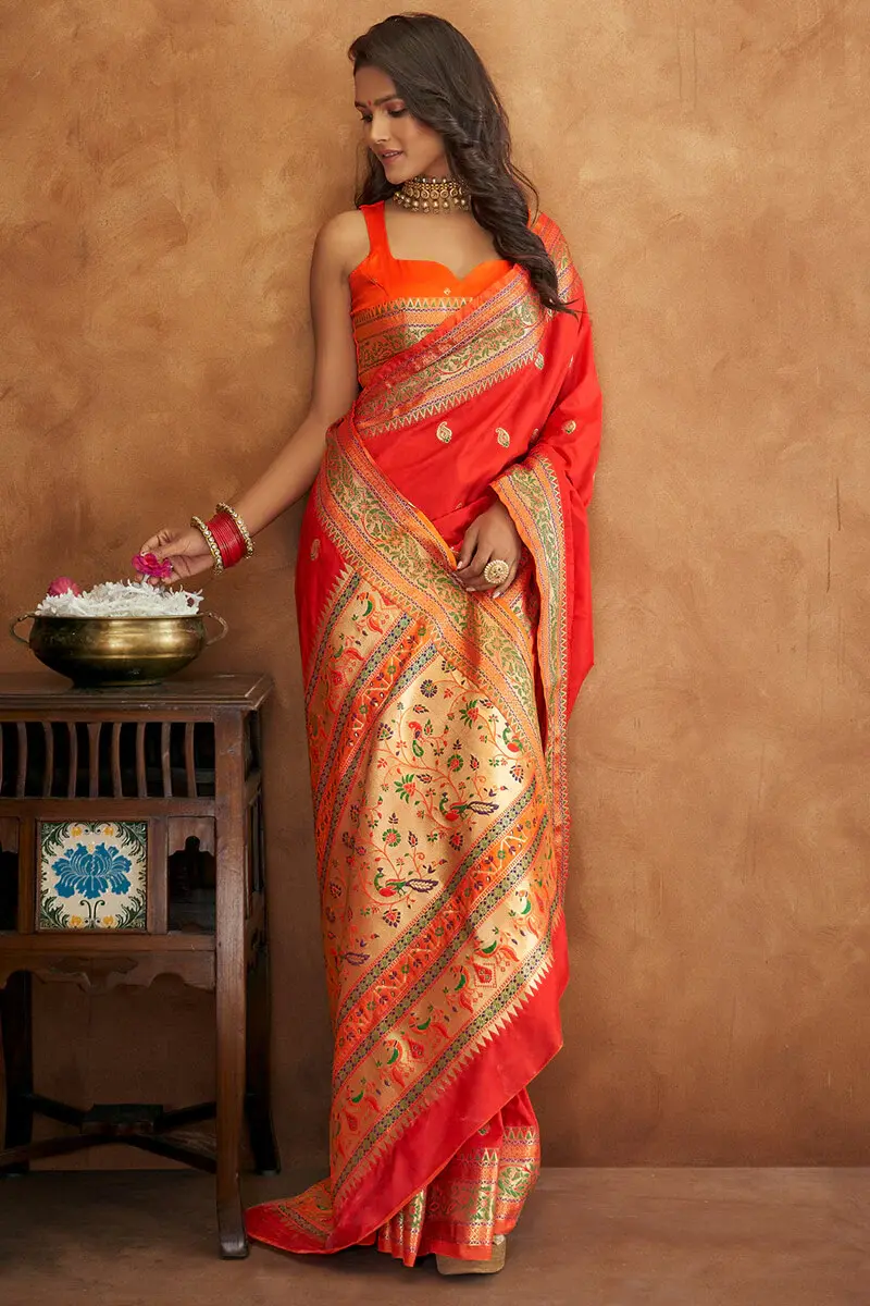Orange Paithani Silk Saree