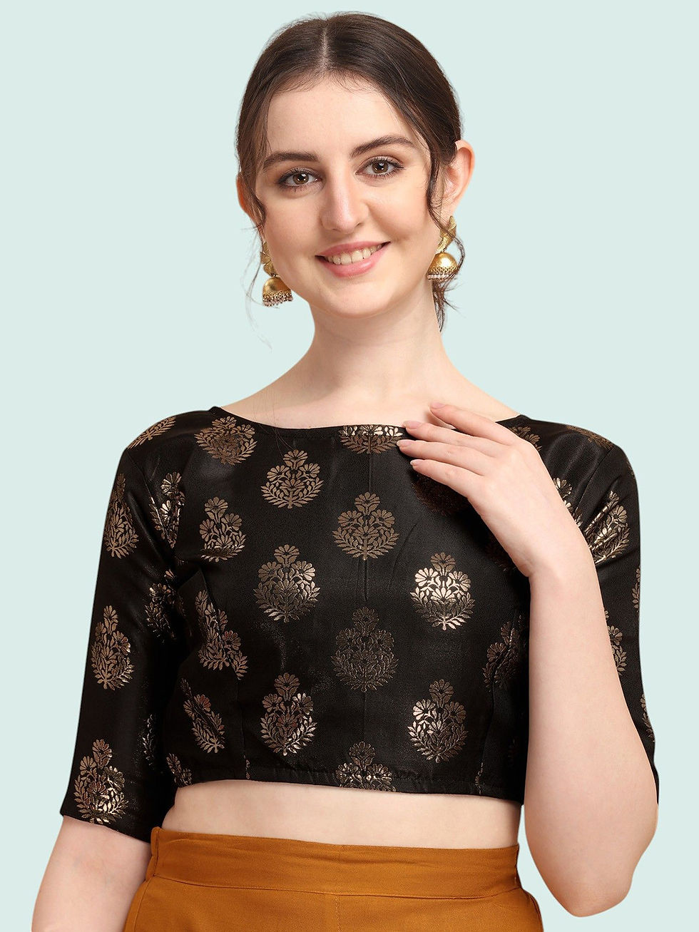 Thumbnail: Anji silk woven design boat neck blouse ANJ 1800 BK