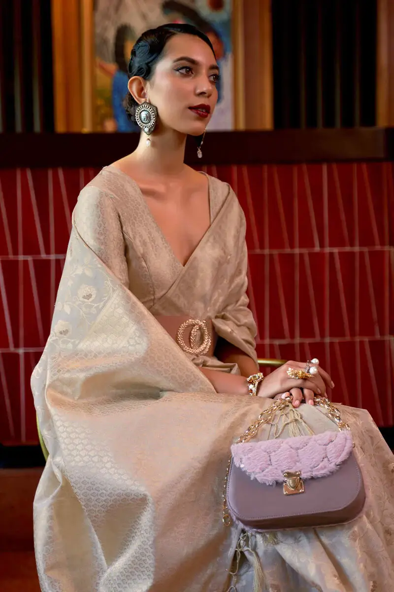 Thumbnail: Woman in Unmukhi Kanjeevaram Beige Silk Saree