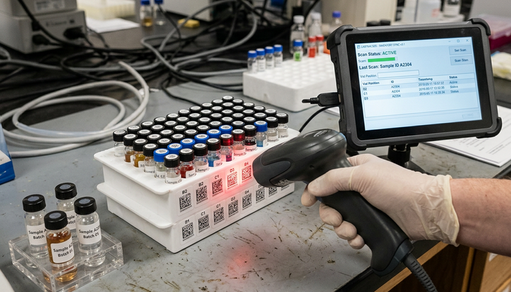 Close-up view of a barcode scanner reading a labeled sample rack in a laboratory