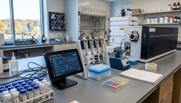 Wide-angle view of a clean laboratory bench with labeled samples and a touchscreen data station