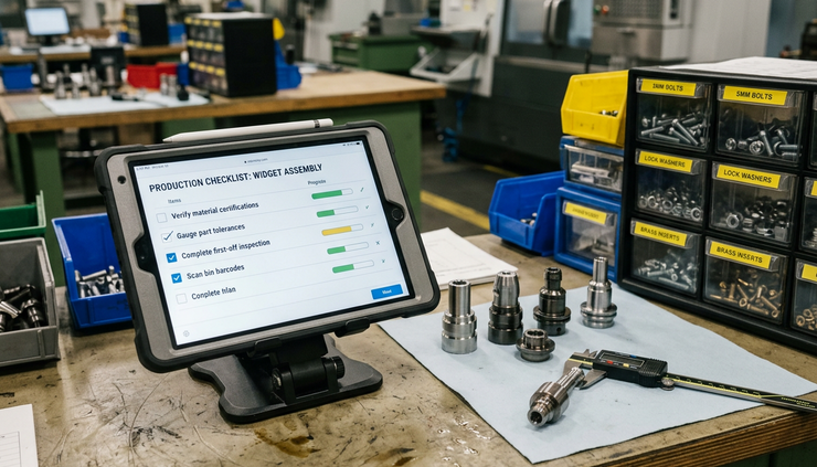 Eye-level view of a manufacturing workstation with a tablet showing a production checklist beside machine parts