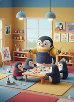 Ilustração de pinguins filhotes ajudando pinguim a cozinhar