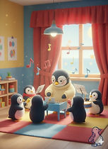 Ilustração de pinguins filhotes ao redor de Pinguim dando aula de música.