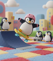 Ilustração de pinguim fazendo manobra em pista de skate