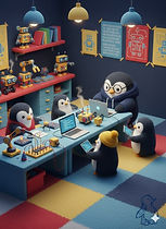 Pinguins filhotes em torno de uma mesa estudando programação e robótica