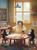 Pinguim fazendo sessão de apoio psicopedagógico com dois pinguins filhotes