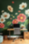 creative flowers painted dark green mural in a home office _ with book shelves in a trendy