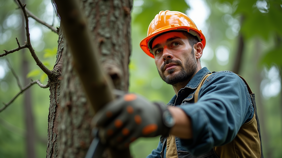 Close-up view of a certified arborist trimming a tree branch