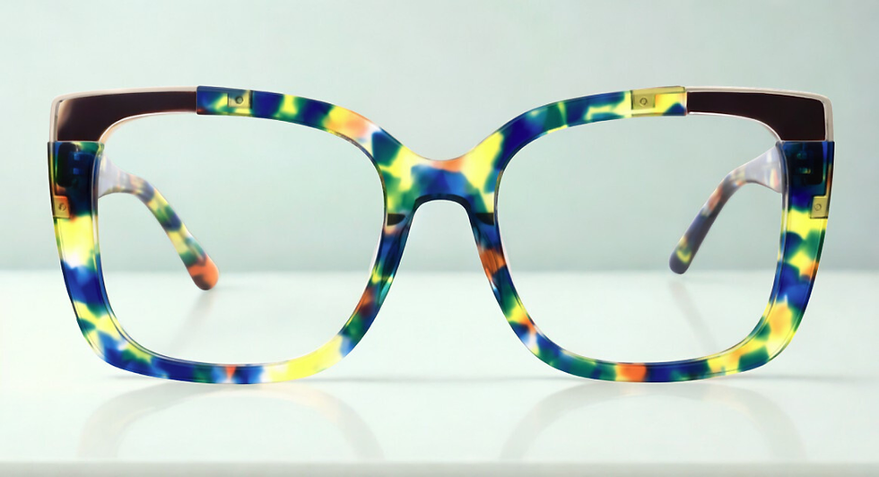 Close-up view of premium redline frames on a minimalist wooden table