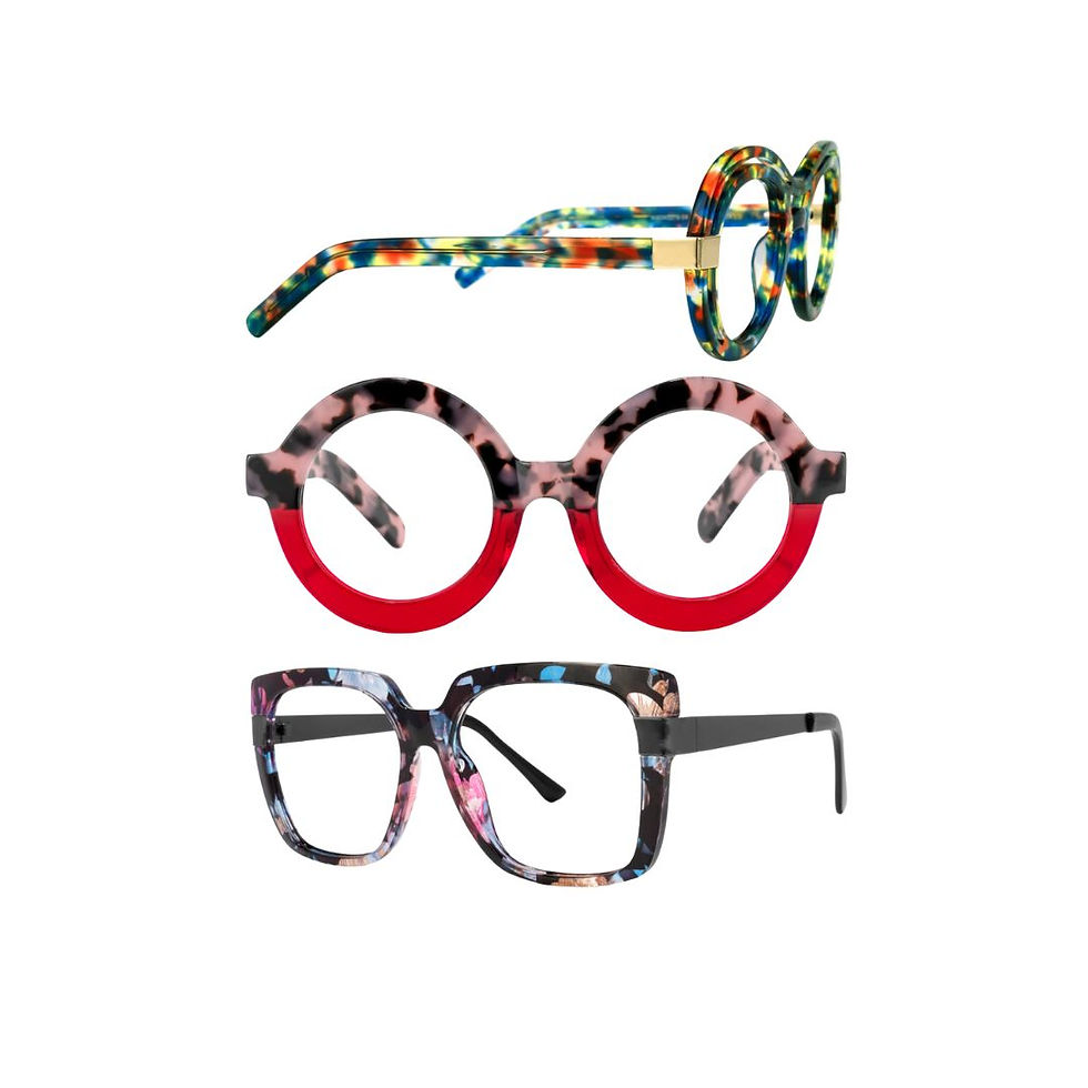 High angle view of various eyeglass lenses and coatings samples on a table