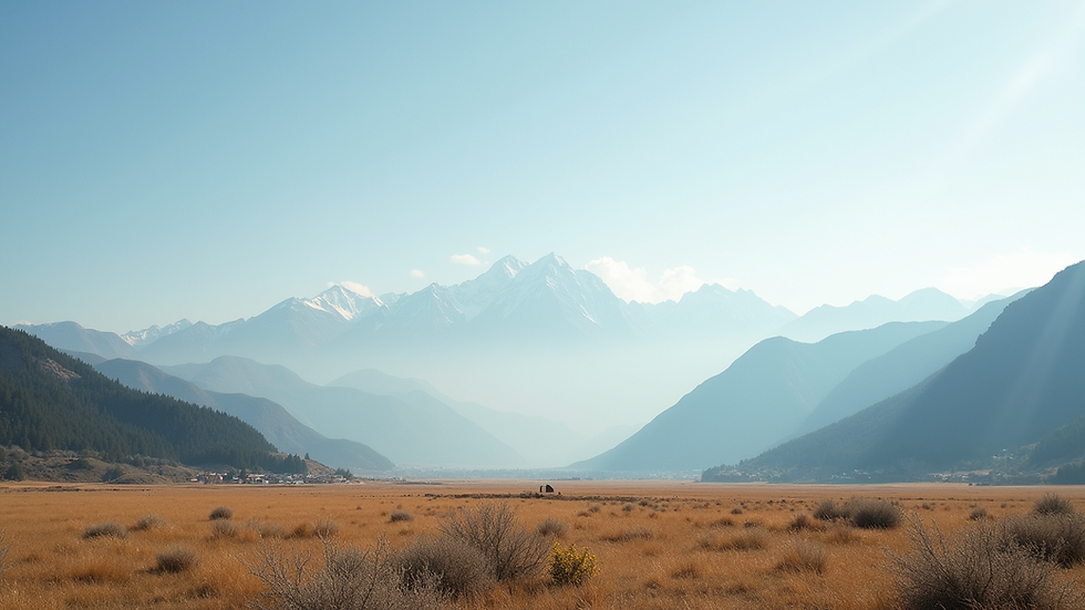 Wide angle view of a serene landscape with mountains and a clear sky
